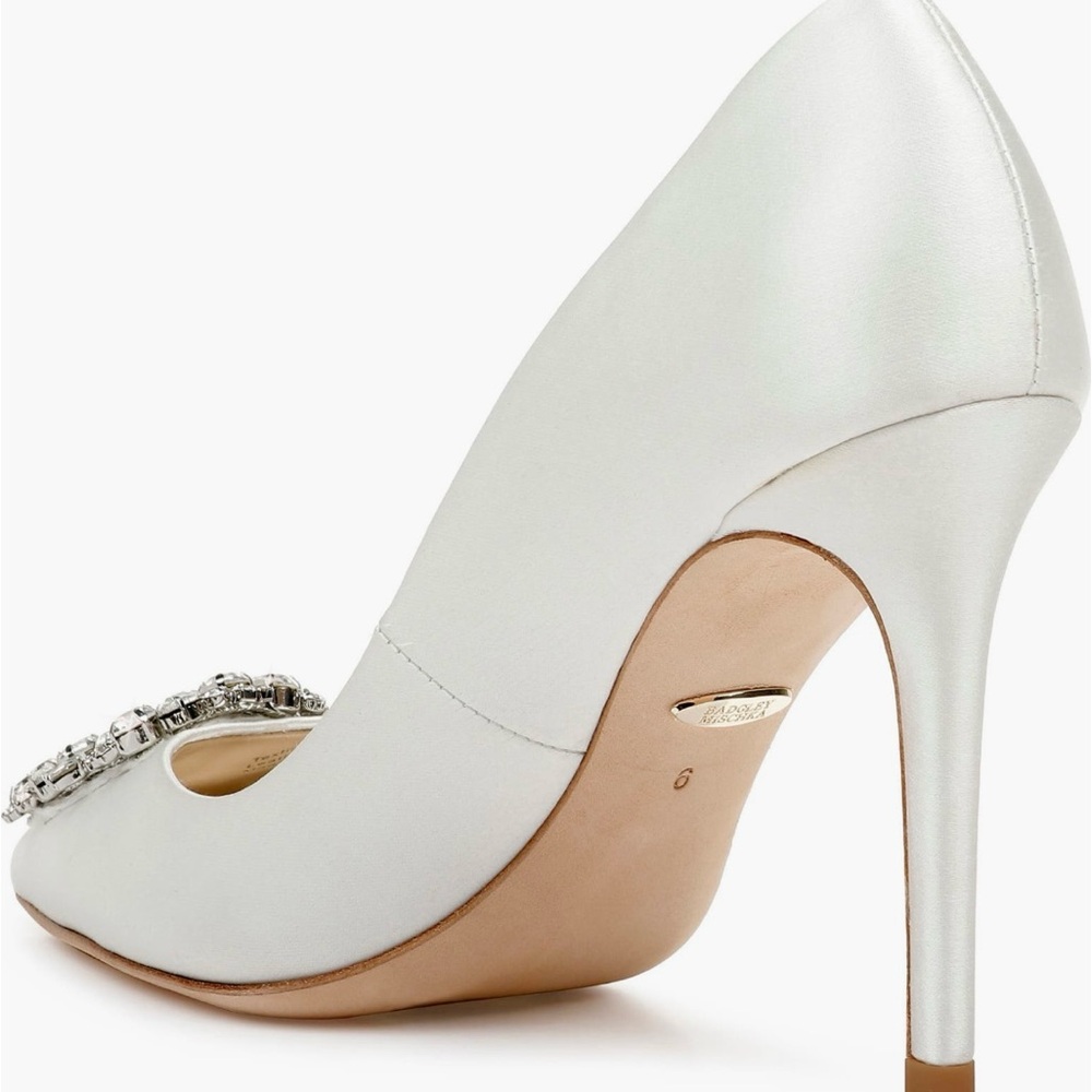 Badgley Mischka White Satin Pointed Crystal Buckle Stiletto Pump - Picture 2 of 6